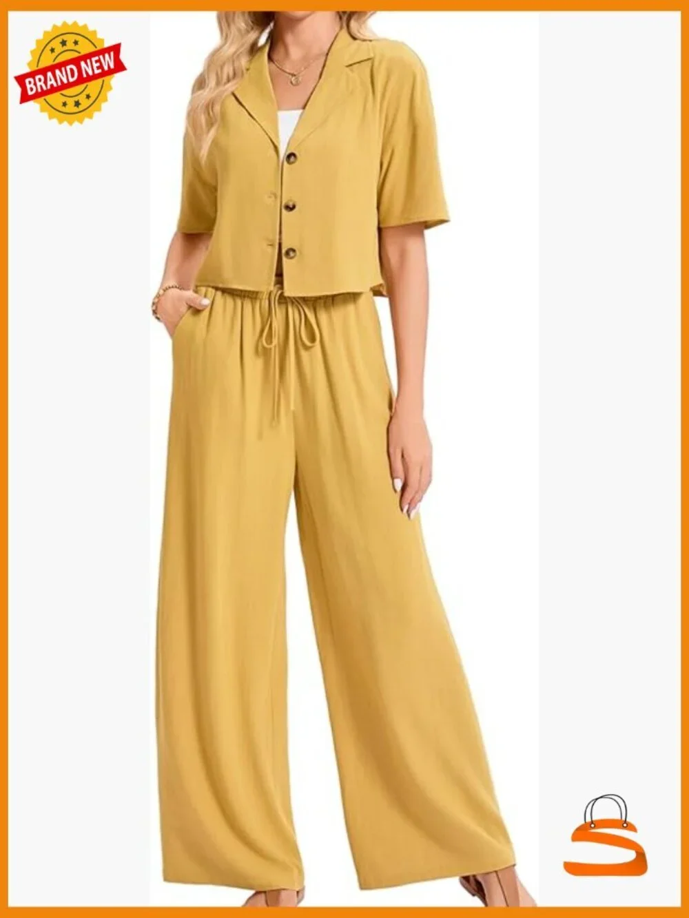 Linen 2 Piece Set Short Sleeve Shirt and Wide Leg Pants Suit